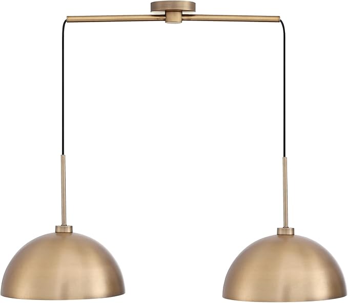 Nathan James Percy Modern 2-Light Pendant Island Light Fixture, Brass Hanging Lights with Gold Metal Shade and Adjustable Cord, for Kitchen, Living Room, Vintage Brass, Set of 2