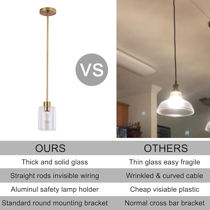 Brass Pendant Lights Kitchen Island,Modern Farmhouse Clear Glass Pendant Light,Gold Light Fixture Kitchen Pendant Mini Hanging Light Fixture for Sink (Brass 2 Pack stem Rod)