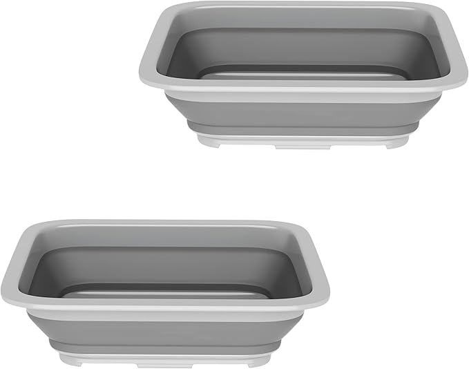 Set of 2 Multipurpose Wash Bins – 10-Liter Basins for Camping, Parties, or Cleaning – Collapsible Bucket Set by Wakeman (Gray)