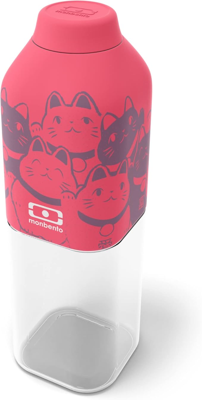 monbento - Water Bottle MB Positive M Neko 17 Oz - Leakproof Water Bottle Perfect for Work, Travel, Sport, or to Slip into a Handbag - BPA Free - Food Grade Safe - Cats Pattern - Pink