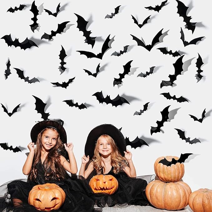 Halloween Wall Stickers 60 Pcs Bat Wall Decals Removable Bats Wall Decor Halloween Bat Window Stickers for Wall Glass Mirror Living Room Home Bathroom Kitchen School Halloween Decoration Clearance