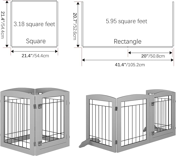 Folding Pet Gate 80" Wide, 24" Tall No-Assembly Wooden Dog Gate with Door Walk Through, Freestanding Wire Pet Gate, Pet Puppy Safety Fence, with 2PCS Support - Gray