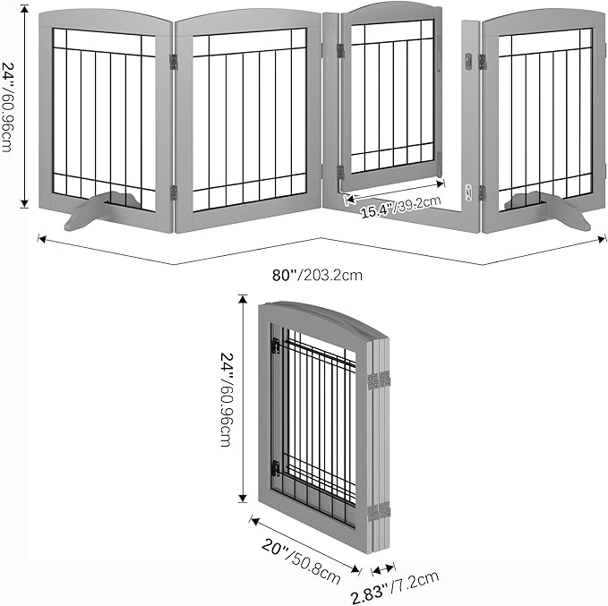 Folding Pet Gate 80" Wide, 24" Tall No-Assembly Wooden Dog Gate with Door Walk Through, Freestanding Wire Pet Gate, Pet Puppy Safety Fence, with 2PCS Support - Gray