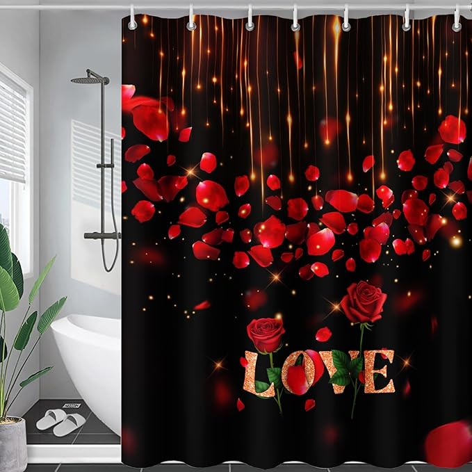 AILONEN Red Rose Flower Shower Curtain,Red and Black Shower Curtain,Romantic Flower Couple Lover Bath Curtain,Rose Themed Bathroom Decor,Waterproof 72" W x 78" H