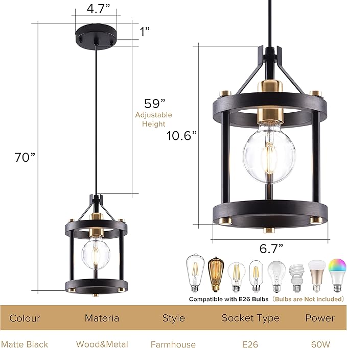 MO&OK Chandelier Set of 3 Vintage Pendant Light Fixture, Black Farmhouse Wooden Metal Chandeliers, Open Frame Hanging Lighting for Diningroom,Bar,Entrance Hall,Kitchen Island Living Room
