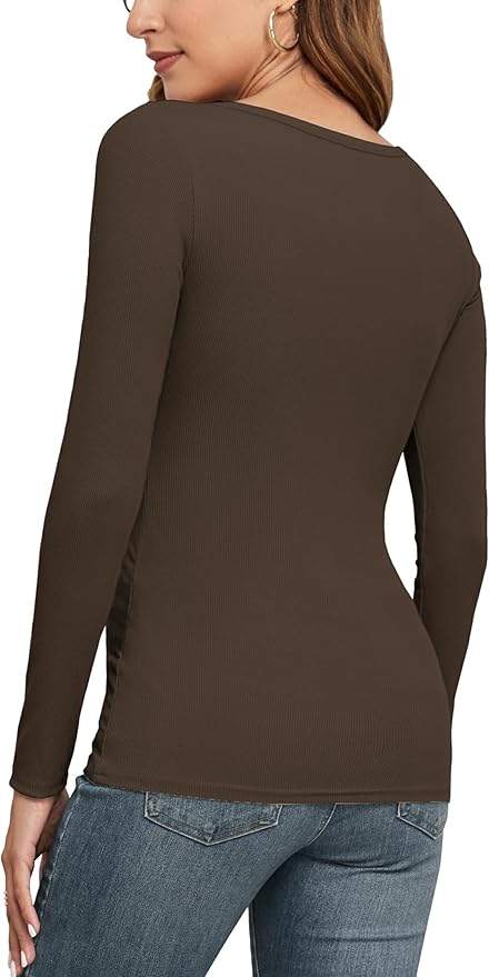Sherosa Womens Long Sleeve Tops Cutout Ribbed Knit Shirts Trendy Casual Slim Fitted T-Shirt Fall Tees Y2K