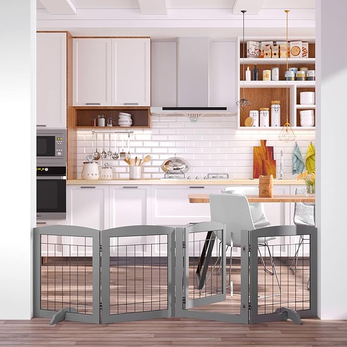 Folding Pet Gate 80" Wide, 24" Tall No-Assembly Wooden Dog Gate with Door Walk Through, Freestanding Wire Pet Gate, Pet Puppy Safety Fence, with 2PCS Support - Gray
