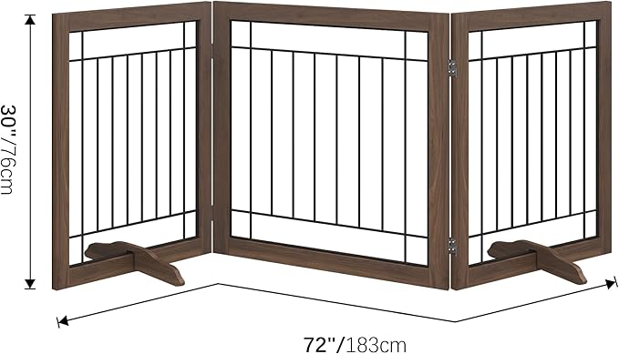 Folding No-Assembly Pet Gate 72" Wide, 30" Tall Wooden Dog Gate, Freestanding Wire Pet Gate, Pet Puppy Safety Fence, with 2PCS Support - Brown