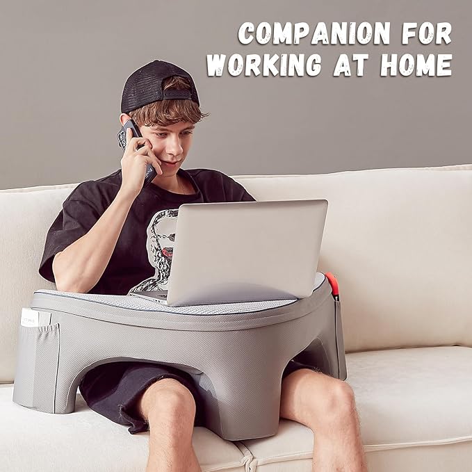 Reading Pillow for Gaming, Lap Desk Pillow for Laptop with Pockets, Gaming Pillow for Lap, Memory Foam Laptop Pillow for Reading, Gaming, Working, Crocheting in Bed Sofa(Grey)