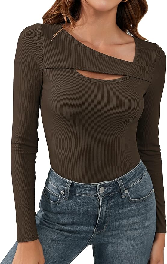 Sherosa Womens Long Sleeve Tops Cutout Ribbed Knit Shirts Trendy Casual Slim Fitted T-Shirt Fall Tees Y2K