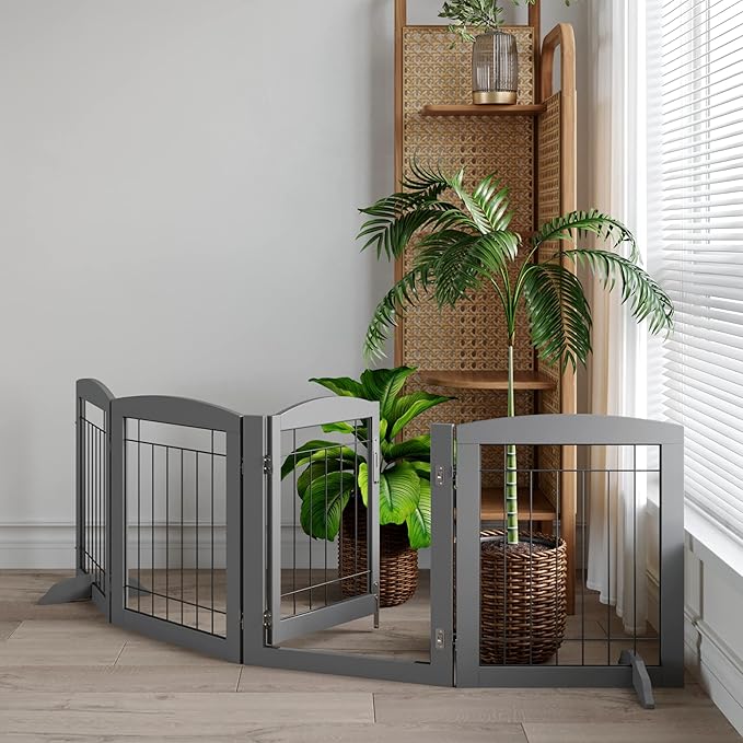 Folding Pet Gate 80" Wide, 24" Tall No-Assembly Wooden Dog Gate with Door Walk Through, Freestanding Wire Pet Gate, Pet Puppy Safety Fence, with 2PCS Support - Gray