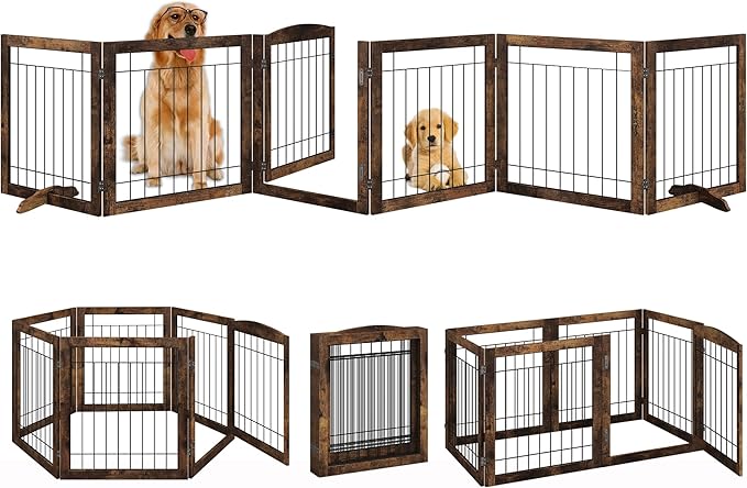 Folding No-Assembly Pet Gate 144" Wide, 30" Tall Wooden Dog Gate with Door Walk Through, Freestanding Wire Pet Gate, Pet Puppy Safety Fence, with 2PCS Support - Rustic Brown