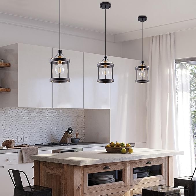 MO&OK Chandelier Set of 3 Vintage Pendant Light Fixture, Black Farmhouse Wooden Metal Chandeliers, Open Frame Hanging Lighting for Diningroom,Bar,Entrance Hall,Kitchen Island Living Room