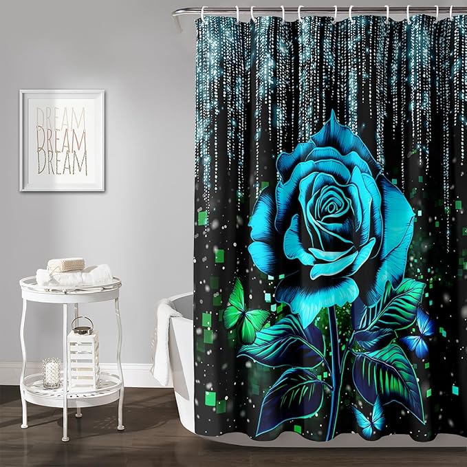 AILONEN Blue Rose Shower Curtain for Bathroom, Glitter Starry Flower Print Bath Curtain,Blue and Black Waterproof Floral Butterfly Shower Curtain Decoration with 12 Plastic Hooks, 60" W*72" H