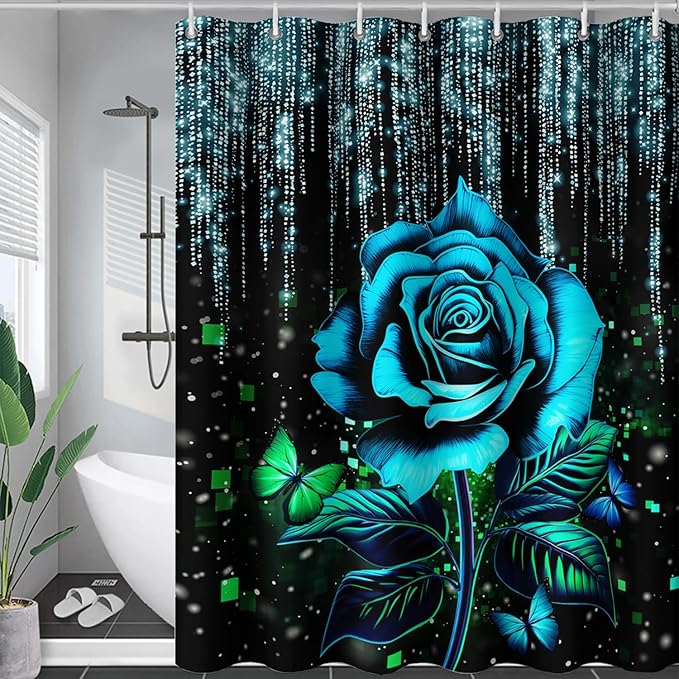 AILONEN Blue Rose Shower Curtain for Bathroom, Glitter Starry Flower Print Bath Curtain,Blue and Black Waterproof Floral Butterfly Shower Curtain Decoration with 12 Plastic Hooks, 60" W*72" H