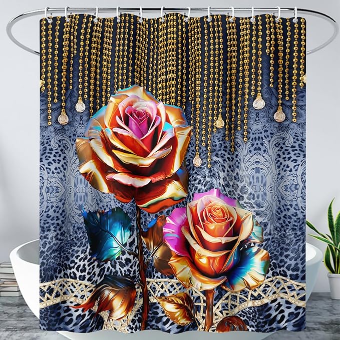 AILONEN Gold Rose Shower Curtain for Bathroom- Romantic Floral Shower Curtain -Polyester Fabric Waterproof Decoration- Plants Blue Black Leopard Flowers Bath Shower Curtains Washable, 72" W x 84" H