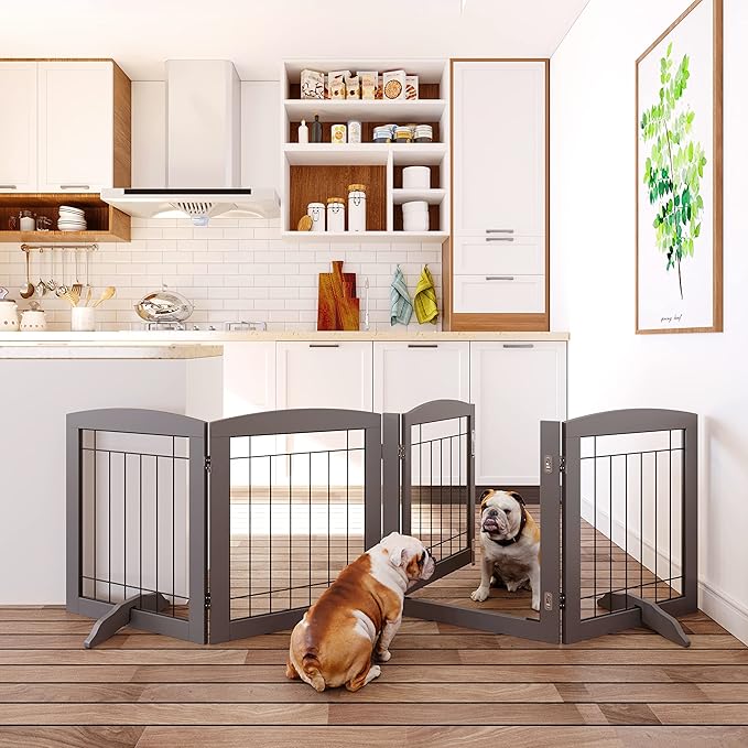 Folding Pet Gate 80" Wide, 24" Tall No-Assembly Wooden Dog Gate with Door Walk Through, Freestanding Wire Pet Gate, Pet Puppy Safety Fence, with 2PCS Support - Gray
