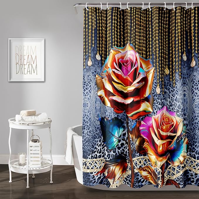 AILONEN Gold Rose Shower Curtain for Bathroom- Romantic Floral Shower Curtain -Polyester Fabric Waterproof Decoration- Plants Blue Black Leopard Flowers Bath Shower Curtains Washable, 72" W x 84" H