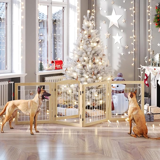 Folding No-Assembly Pet Gate 96" Wide, 30" Tall Wooden Dog Gate with Door Walk Through, Freestanding Wire Pet Gate, Pet Puppy Safety Fence, with 2PCS Support - Natural White