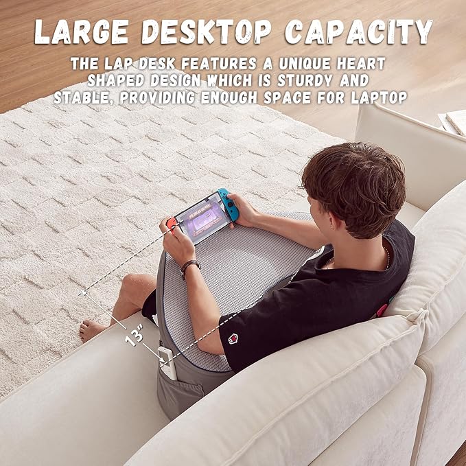 Reading Pillow for Gaming, Lap Desk Pillow for Laptop with Pockets, Gaming Pillow for Lap, Memory Foam Laptop Pillow for Reading, Gaming, Working, Crocheting in Bed Sofa(Grey)