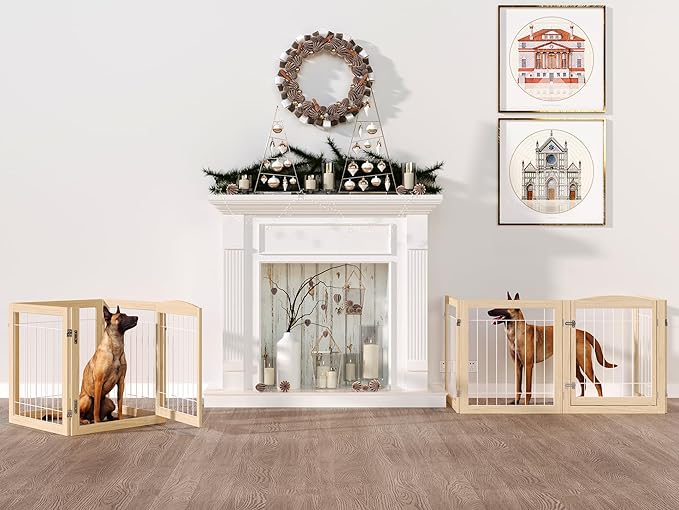 Folding No-Assembly Pet Gate 96" Wide, 30" Tall Wooden Dog Gate with Door Walk Through, Freestanding Wire Pet Gate, Pet Puppy Safety Fence, with 2PCS Support - Natural White