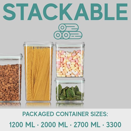 BopTop (4pc Set) Airtight Food Storage Container – Mechanical Silicone Seal Canister - BPA-Free Stackable - 1.3Qt/2.1Qt/2.8Qt/3.5Qt