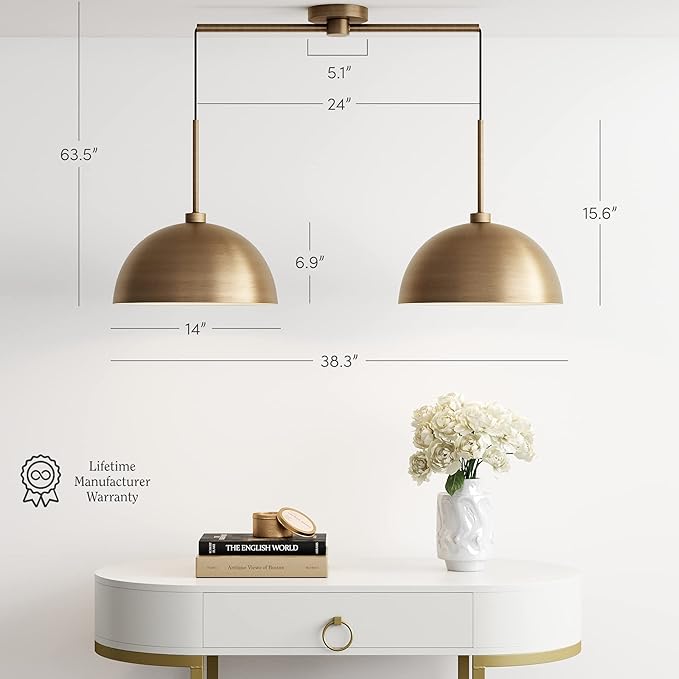 Nathan James Percy Modern 2-Light Pendant Island Light Fixture, Brass Hanging Lights with Gold Metal Shade and Adjustable Cord, for Kitchen, Living Room, Vintage Brass