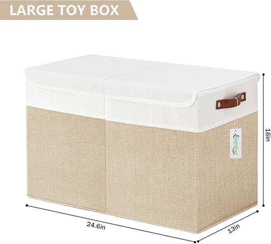 Large Toy Storage Box with Lids, Collapsible Sturdy Baby Storage Organizer Chest Bin Basket for Kids, Boys, Girls, Playroom, Nursery, Bedroom, Closet 25"x13"x16" (Beige and White)