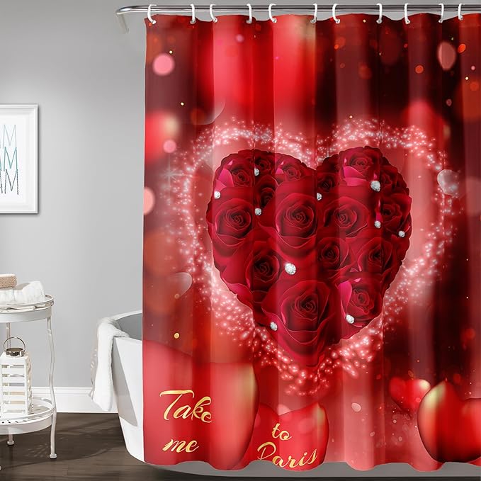 AILONEN Red Rose Hearts Printed Shower Curtain,Romantic Rose Lover Couple Bath Curtain,Fantasy Love Hearts Red Curtain for Bathroom Decor 36" W x 72" H,Waterproof