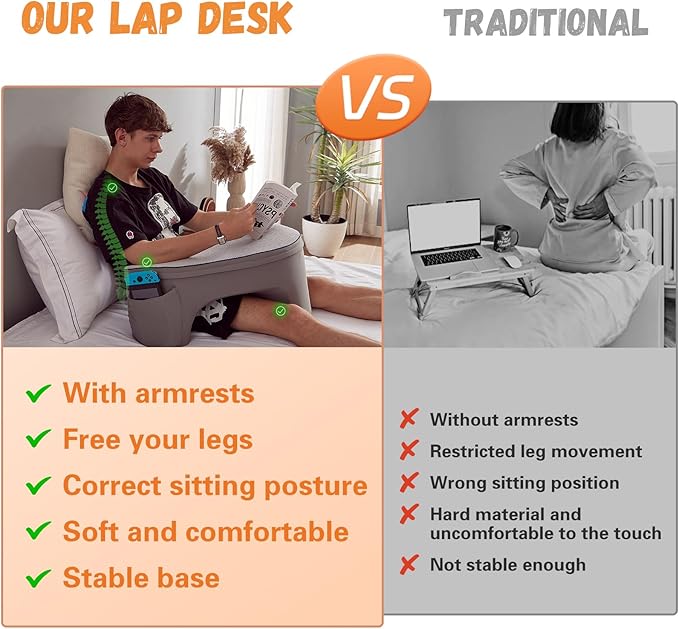 Reading Pillow for Gaming, Lap Desk Pillow for Laptop with Pockets, Gaming Pillow for Lap, Memory Foam Laptop Pillow for Reading, Gaming, Working, Crocheting in Bed Sofa(Grey)