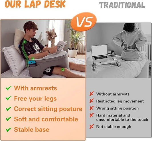 Reading Pillow for Gaming, Lap Desk Pillow for Laptop with Pockets, Gaming Pillow for Lap, Memory Foam Laptop Pillow for Reading, Gaming, Working, Crocheting in Bed Sofa(Grey)