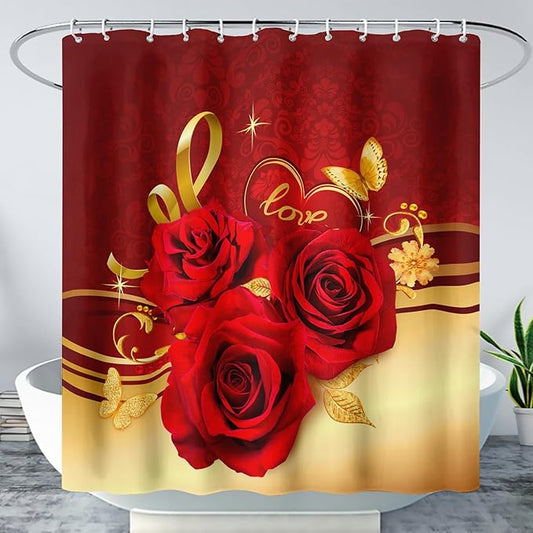 AILONEN Red and Gold Shower Curtain,Red Rose Hearts Printed Bath Curtain,Romantic Luxury Rose Flower Waterproof Curtain for Bathroom Decor 36" W x 72" H