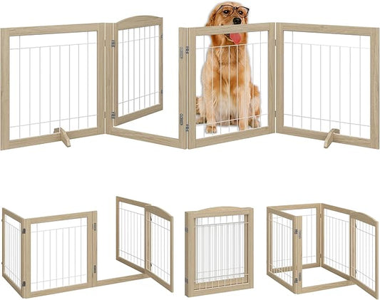Folding No-Assembly Pet Gate 96" Wide, 30" Tall Wooden Dog Gate with Door Walk Through, Freestanding Wire Pet Gate, Pet Puppy Safety Fence, with 2PCS Support - Natural White