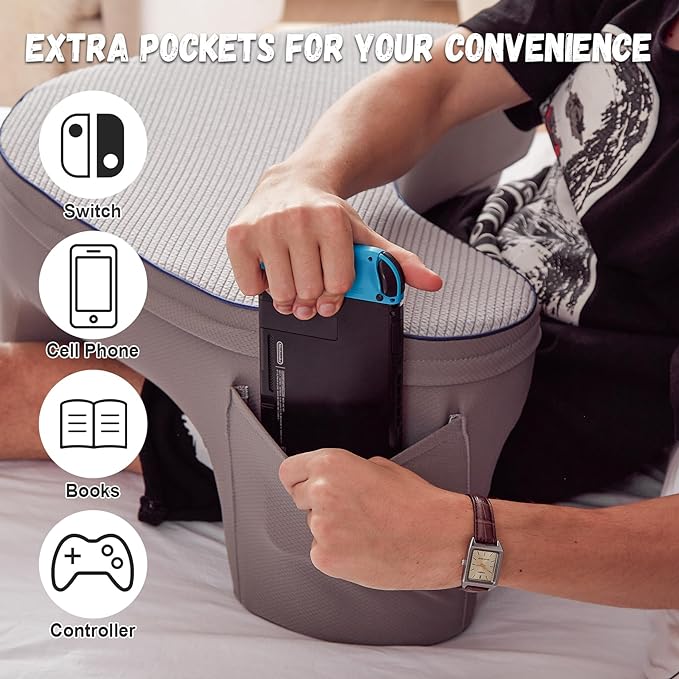 Reading Pillow for Gaming, Lap Desk Pillow for Laptop with Pockets, Gaming Pillow for Lap, Memory Foam Laptop Pillow for Reading, Gaming, Working, Crocheting in Bed Sofa(Grey)