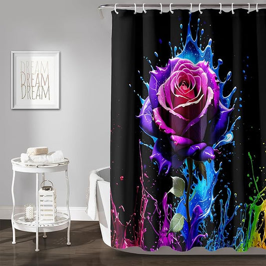 AILONEN Purple Rose Flower Shower Curtain for Bathroom,Splash-Ink Rose Bath Curtain for Kids Girls Women,Romantic Minimalism Curtain Waterproof with 12 Plastic Hooks, 72" W*84" H