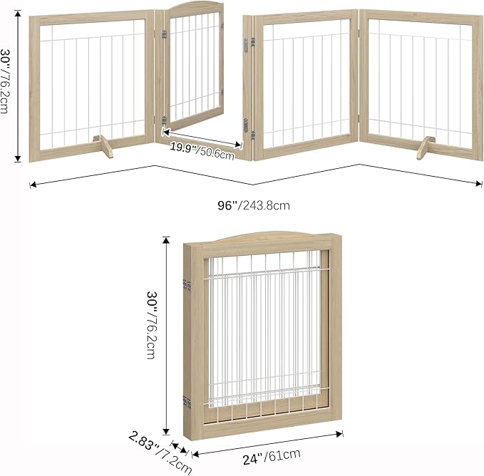 Folding No-Assembly Pet Gate 96" Wide, 30" Tall Wooden Dog Gate with Door Walk Through, Freestanding Wire Pet Gate, Pet Puppy Safety Fence, with 2PCS Support - Natural White