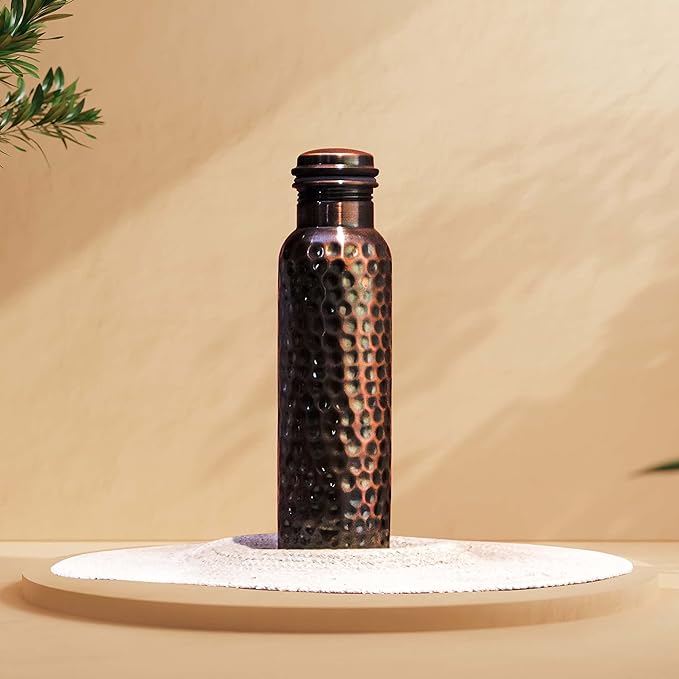 Craft Trade Ayurveda Copper Water Bottle for Drinking 32oz Antique Black Pure Copper Water Bottle Pitcher Travel Water Bottle for Gym,Office, Hiking, Outdoor -Ayurvedic Hammered Water Bottle with Lid