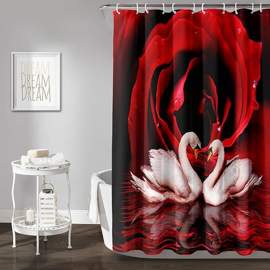 AILONEN 3D Printed Rose Shower Curtain,Red Rose Bath Curtain, White Swan Shower Curtain for Bathroom Decor,48" W*72" H Polyester Waterproof Bath Curtain with 12 Hooks
