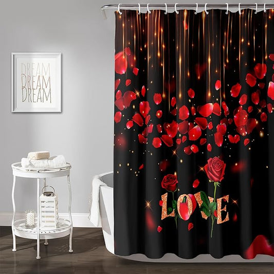AILONEN Red Rose Flower Shower Curtain,Red and Black Shower Curtain,Romantic Flower Couple Lover Bath Curtain,Rose Themed Bathroom Decor,Waterproof 72" W x 78" H