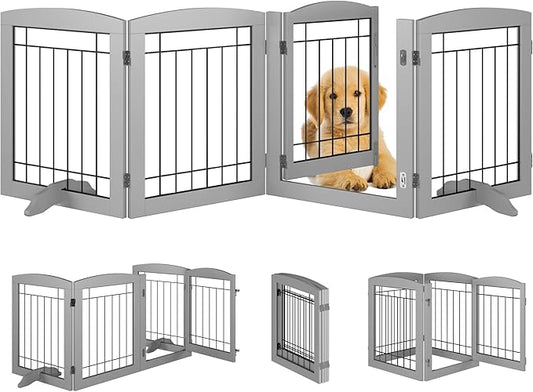Folding Pet Gate 80" Wide, 24" Tall No-Assembly Wooden Dog Gate with Door Walk Through, Freestanding Wire Pet Gate, Pet Puppy Safety Fence, with 2PCS Support - Gray