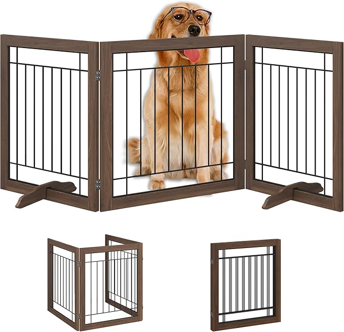 Folding No-Assembly Pet Gate 72" Wide, 30" Tall Wooden Dog Gate, Freestanding Wire Pet Gate, Pet Puppy Safety Fence, with 2PCS Support - Brown