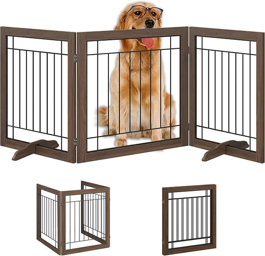 Folding No-Assembly Pet Gate 72" Wide, 30" Tall Wooden Dog Gate, Freestanding Wire Pet Gate, Pet Puppy Safety Fence, with 2PCS Support - Brown