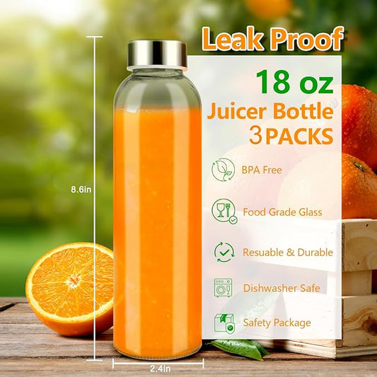 Glass Juice Bottles with Lids for Juicing 18 oz, Reusable Clear Glass Water Bottles with Stainless Steel Airtight Cap for Refrigerator, 100% Leak Proof, BPA Free, Set of 3