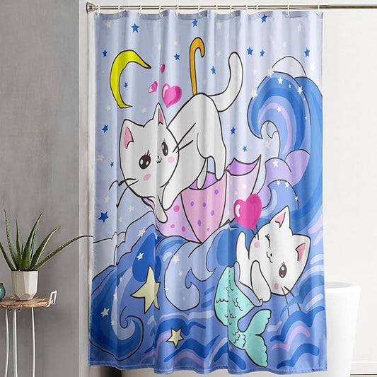 AILONEN Cute Cat Shower Curtain,Kawaii Cartoon Mermaid Kitten Polyester Cloth Bath Curtain Set for Girls Boys,Kittens with Spray Waterproof Shower Curtains for Bathroom, 48" W*72" H Blue