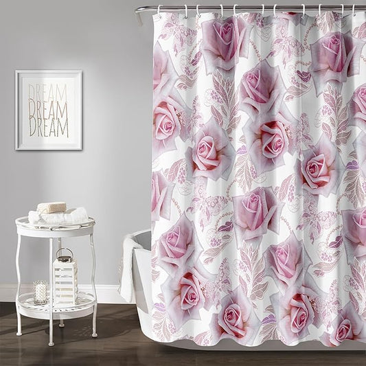 AILONEN Girls Rose Shower Curtain 72" W*78" H, Pink Rose Shower Curtain with 12 Hooks,Waterproof Floral Shower Curtain for Bathroom,Romantic Flower Pink Shower Curtain
