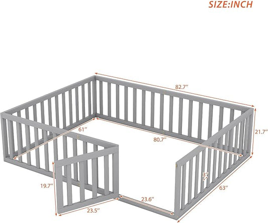 Queen Size Floor Bedframe with Door and Safety Guardrails Fence, Solid Wooden Toddler Montessori Platform Bed for Children Bedroom, Boys Girls, Kids Playroom