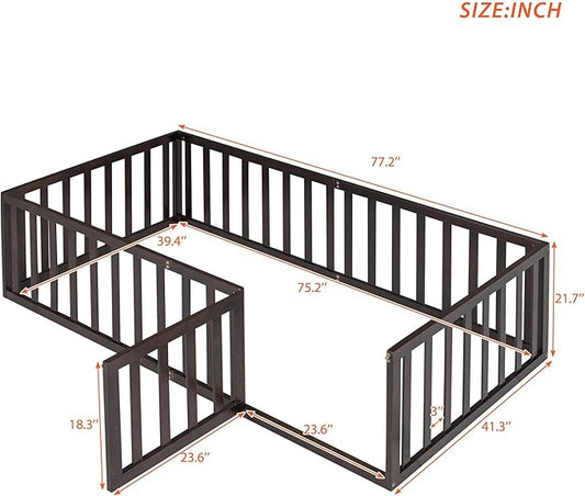 Twin Size Floor Bed with Fence, Solid Wood Floor Bed Frame for Kids with Door, Twin Platform Bed for Boys and Girls Kids Teens, Fun Design Multifunctional Floor Bed, for Children Bedroom