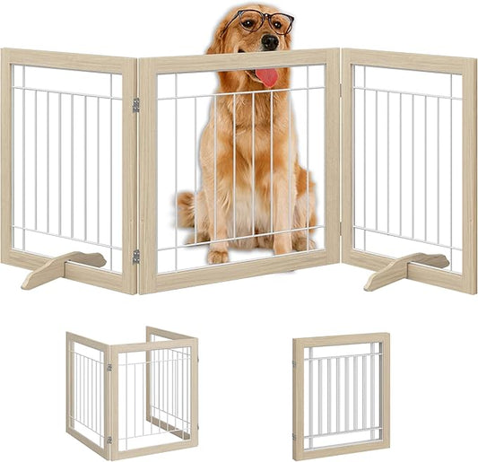 Folding No-Assembly Pet Gate 72" Wide, 30" Tall Wooden Dog Gate, Freestanding Wire Pet Gate, Pet Puppy Safety Fence, with 2PCS Support - Natural White