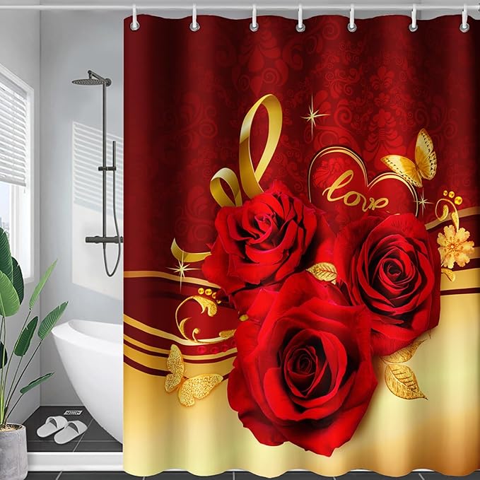AILONEN Red and Gold Shower Curtain,Red Rose Hearts Printed Bath Curtain,Romantic Luxury Rose Flower Waterproof Curtain for Bathroom Decor 36" W x 72" H