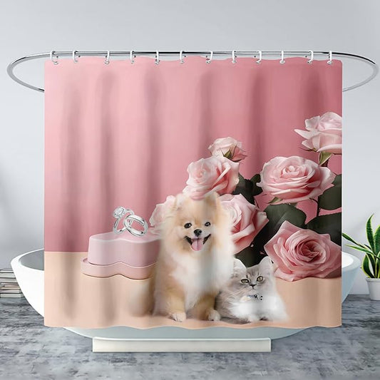 AILONEN Girls Pink Shower Curtain for Bathroom, Rose Flower and Cute Kawaii Dog Cat Pattern Bathroom Decor 60" W*72" H Bath Curtain Polyester Waterproof Shower Curtain with 12 Hooks